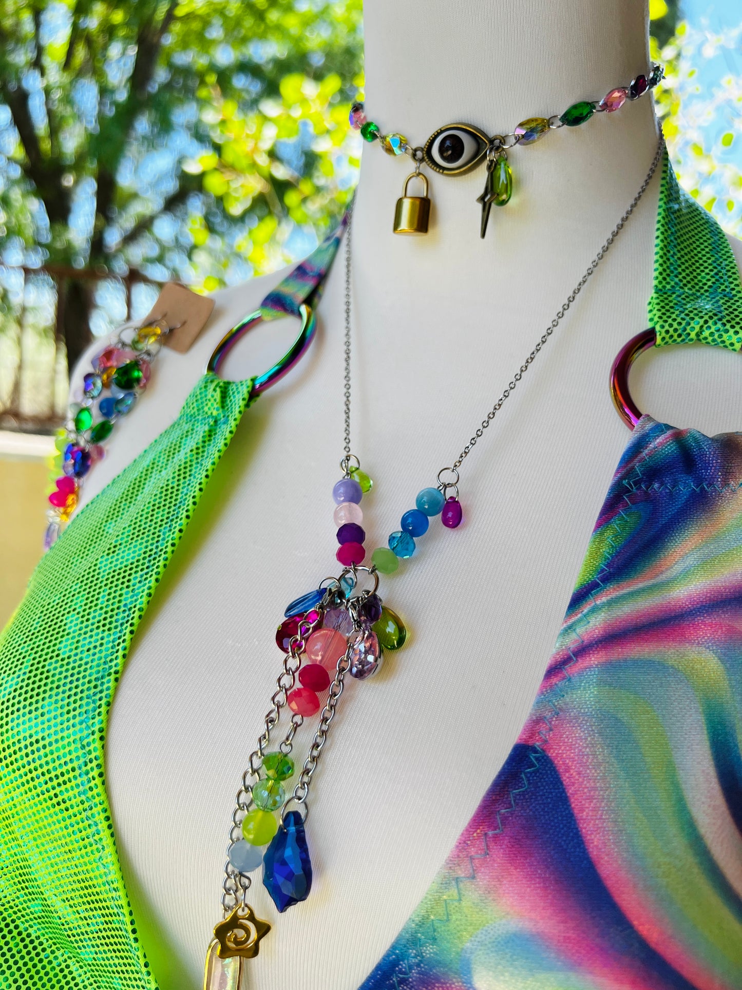 The Goddess Speaks Beaded Halter Top - Mr.Wacko Collaboration - size Large spandex O ring Halter Top + earrings + removable chains & charms + cosmic drip chain + crystal choker