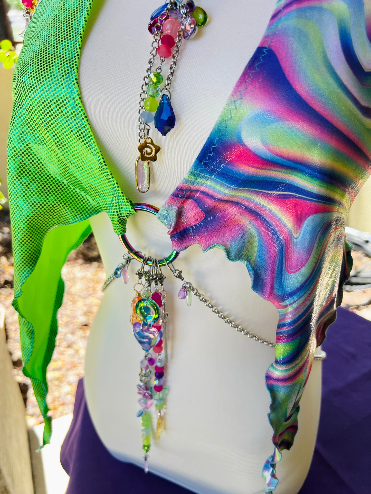 The Goddess Speaks Beaded Halter Top - Mr.Wacko Collaboration - size Large spandex O ring Halter Top + earrings + removable chains & charms + cosmic drip chain + crystal choker