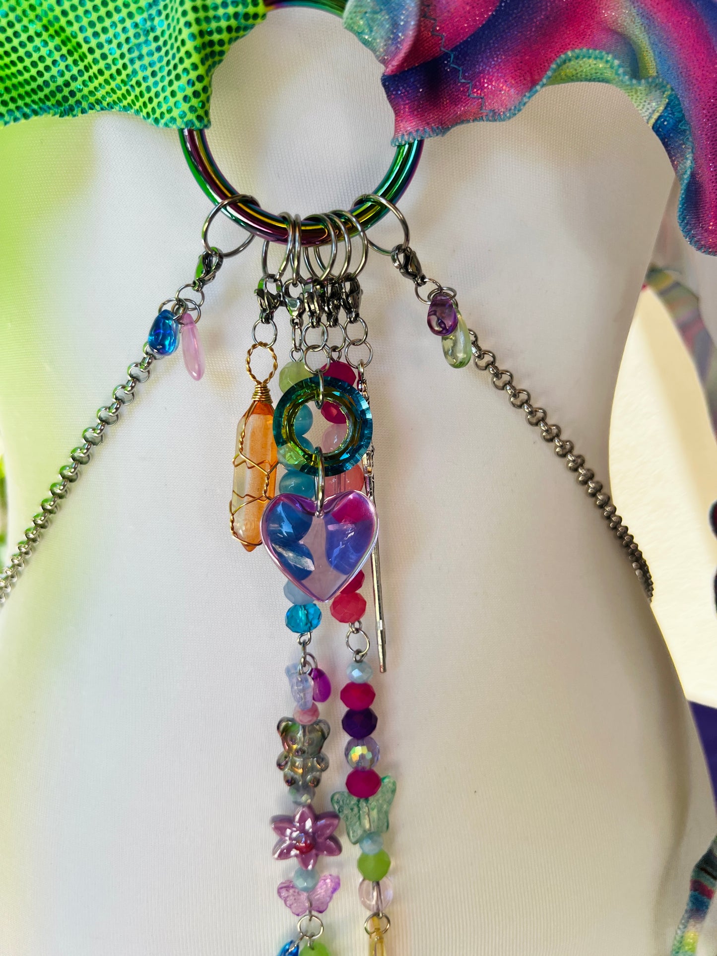 The Goddess Speaks Beaded Halter Top - Mr.Wacko Collaboration - size Large spandex O ring Halter Top + earrings + removable chains & charms + cosmic drip chain + crystal choker