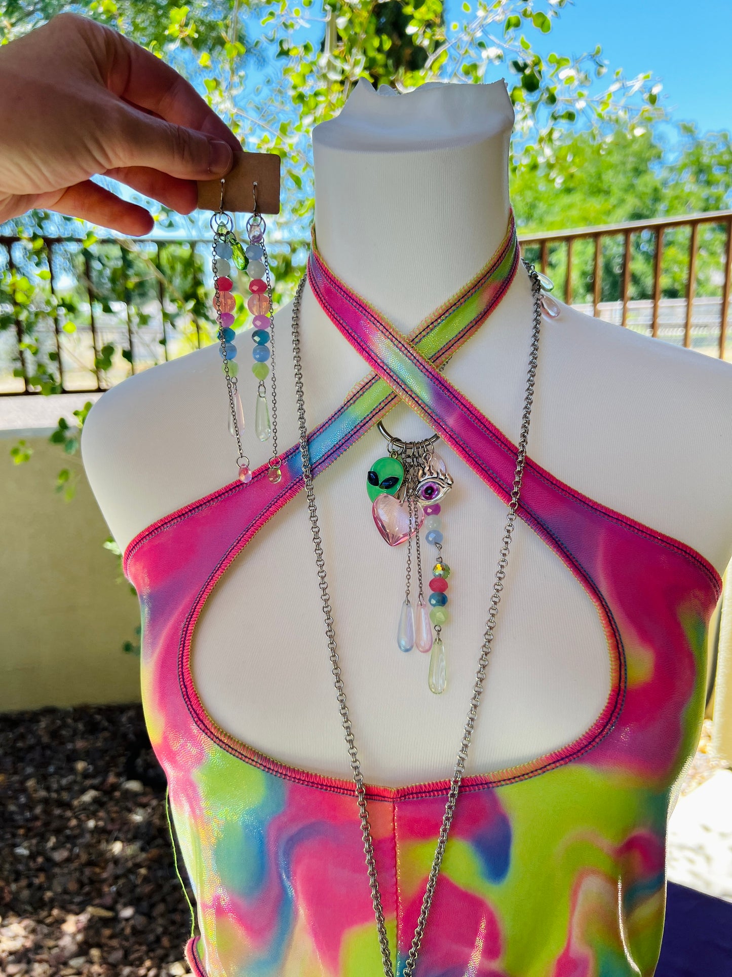 Cosmic Slap Beaded Halter Top - Mr.Wacko Collaboration - size Medium spandex Halter Top + earrings + removable chains & charms + cosmic drip chain