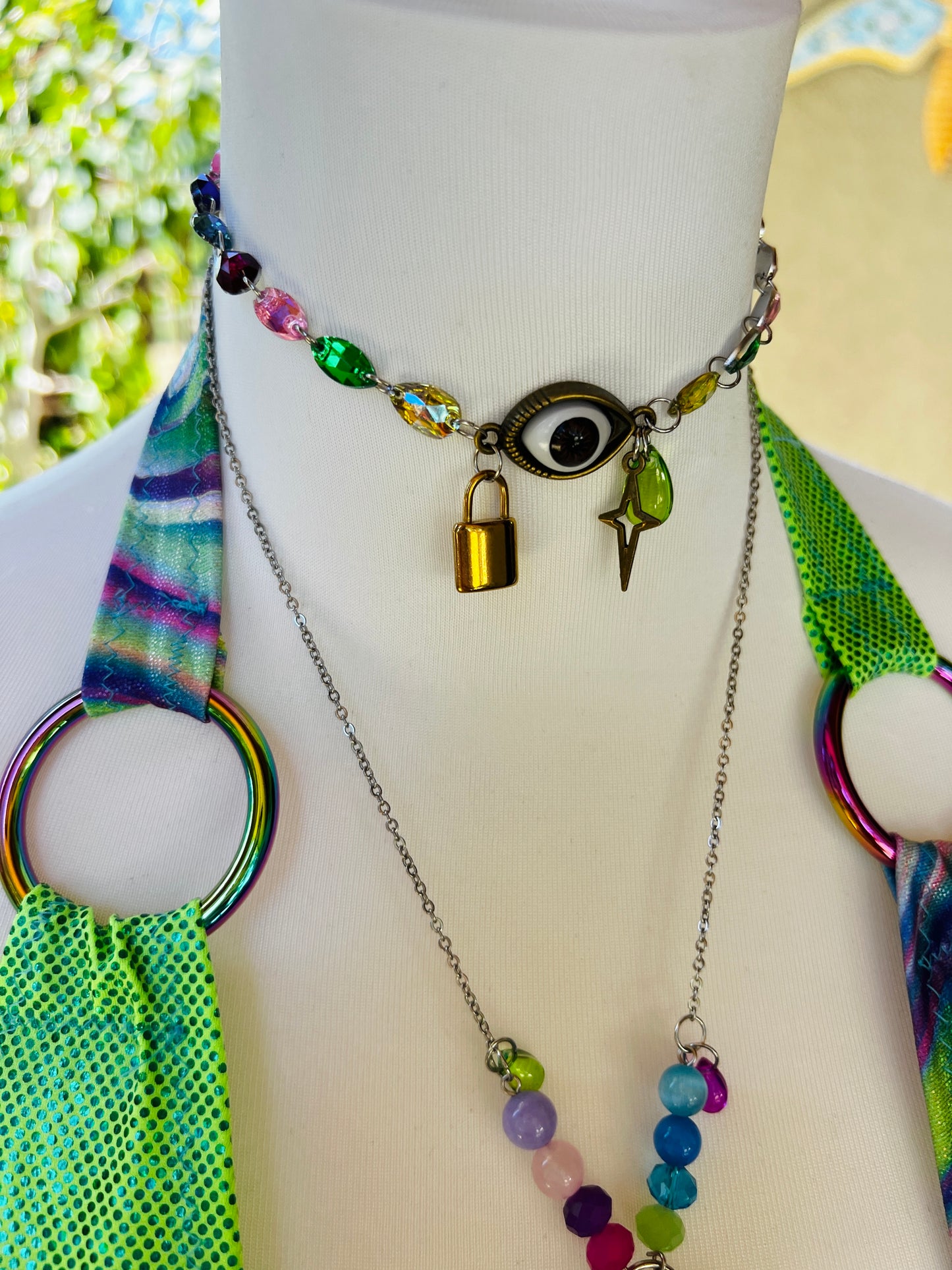 The Goddess Speaks Beaded Halter Top - Mr.Wacko Collaboration - size Large spandex O ring Halter Top + earrings + removable chains & charms + cosmic drip chain + crystal choker