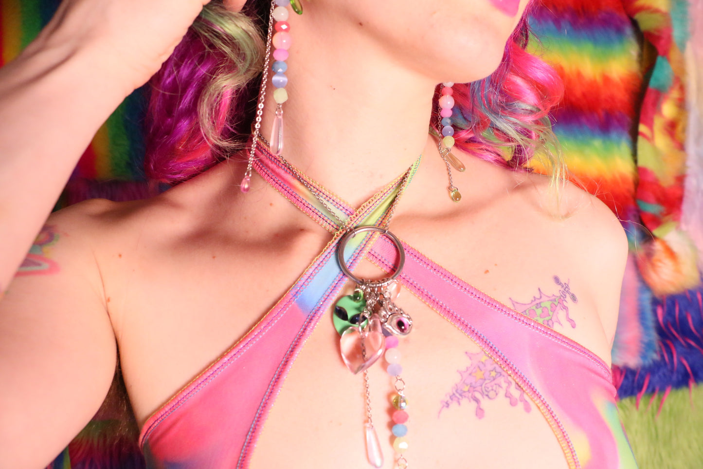 Cosmic Slap Beaded Halter Top - Mr.Wacko Collaboration - size Medium spandex Halter Top + earrings + removable chains & charms + cosmic drip chain