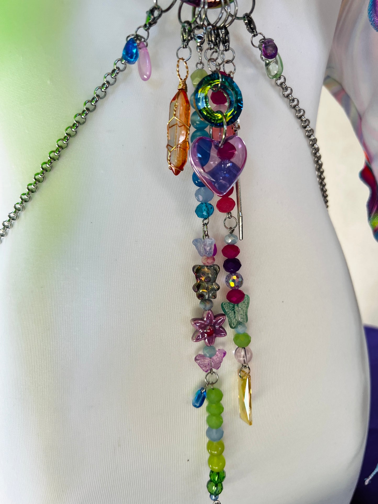 The Goddess Speaks Beaded Halter Top - Mr.Wacko Collaboration - size Large spandex O ring Halter Top + earrings + removable chains & charms + cosmic drip chain + crystal choker