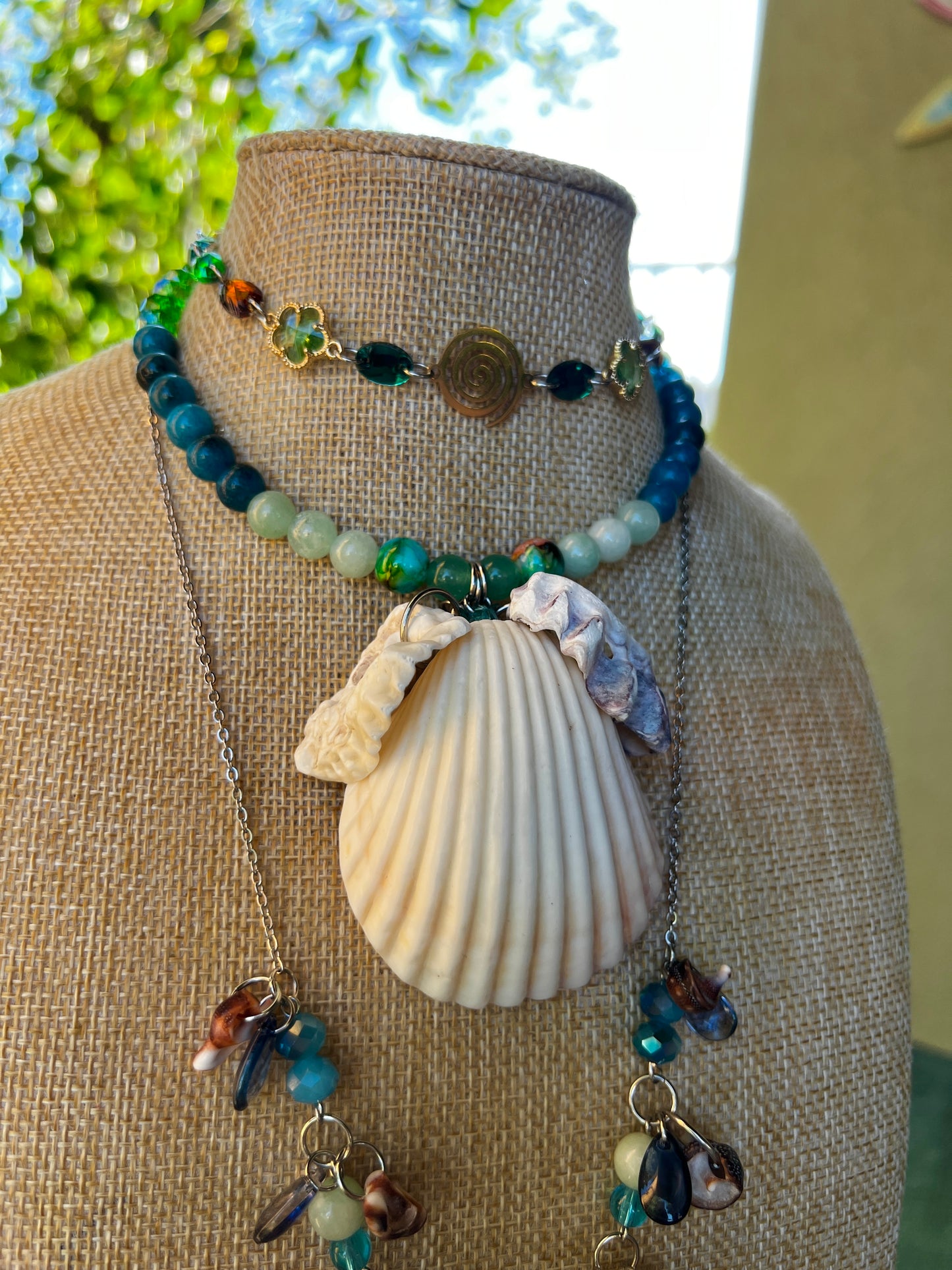 Warm Water Sea Witch - 4 Piece Set - Seashell Collar + Crystal Choker + Cosmic Drip Chain + Earrings