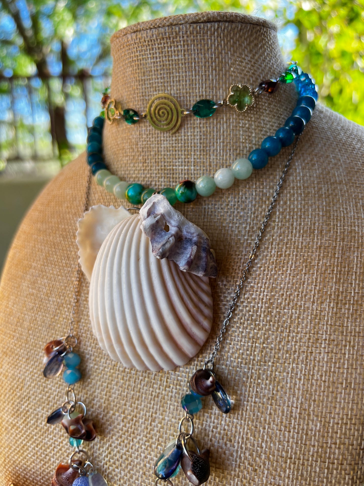 Warm Water Sea Witch - 4 Piece Set - Seashell Collar + Crystal Choker + Cosmic Drip Chain + Earrings