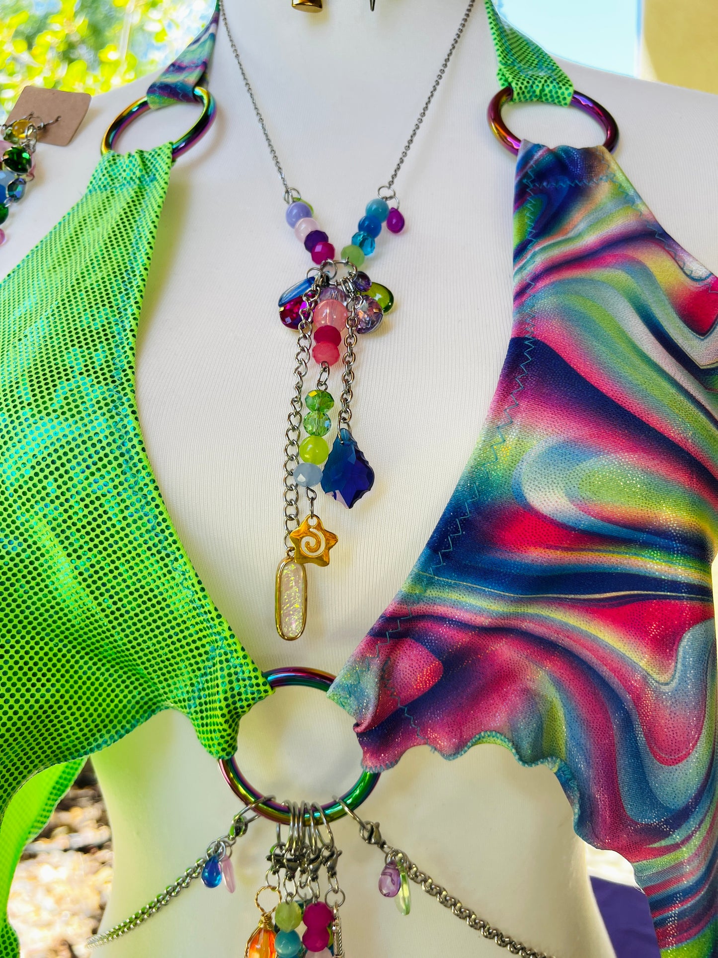 The Goddess Speaks Beaded Halter Top - Mr.Wacko Collaboration - size Large spandex O ring Halter Top + earrings + removable chains & charms + cosmic drip chain + crystal choker