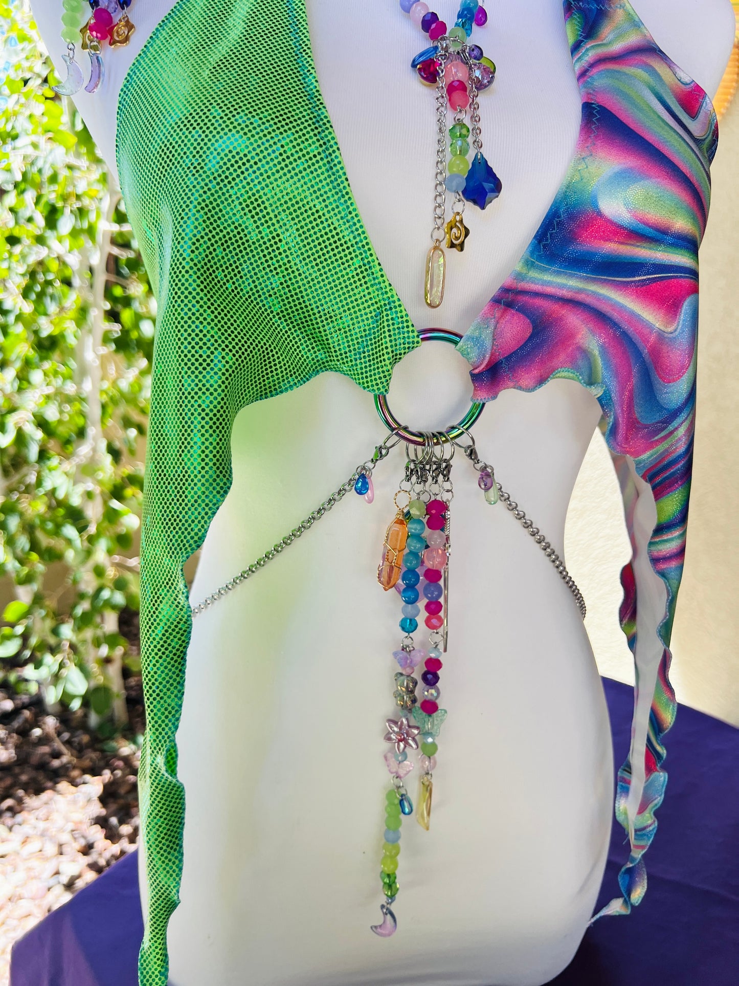 The Goddess Speaks Beaded Halter Top - Mr.Wacko Collaboration - size Large spandex O ring Halter Top + earrings + removable chains & charms + cosmic drip chain + crystal choker