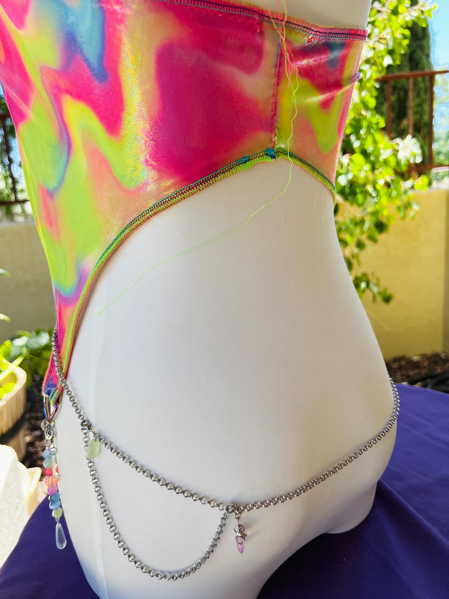 Cosmic Slap Beaded Halter Top - Mr.Wacko Collaboration - size Medium spandex Halter Top + earrings + removable chains & charms + cosmic drip chain