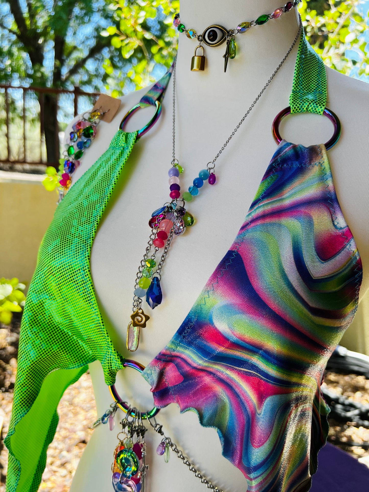 The Goddess Speaks Beaded Halter Top - Mr.Wacko Collaboration - size Large spandex O ring Halter Top + earrings + removable chains & charms + cosmic drip chain + crystal choker