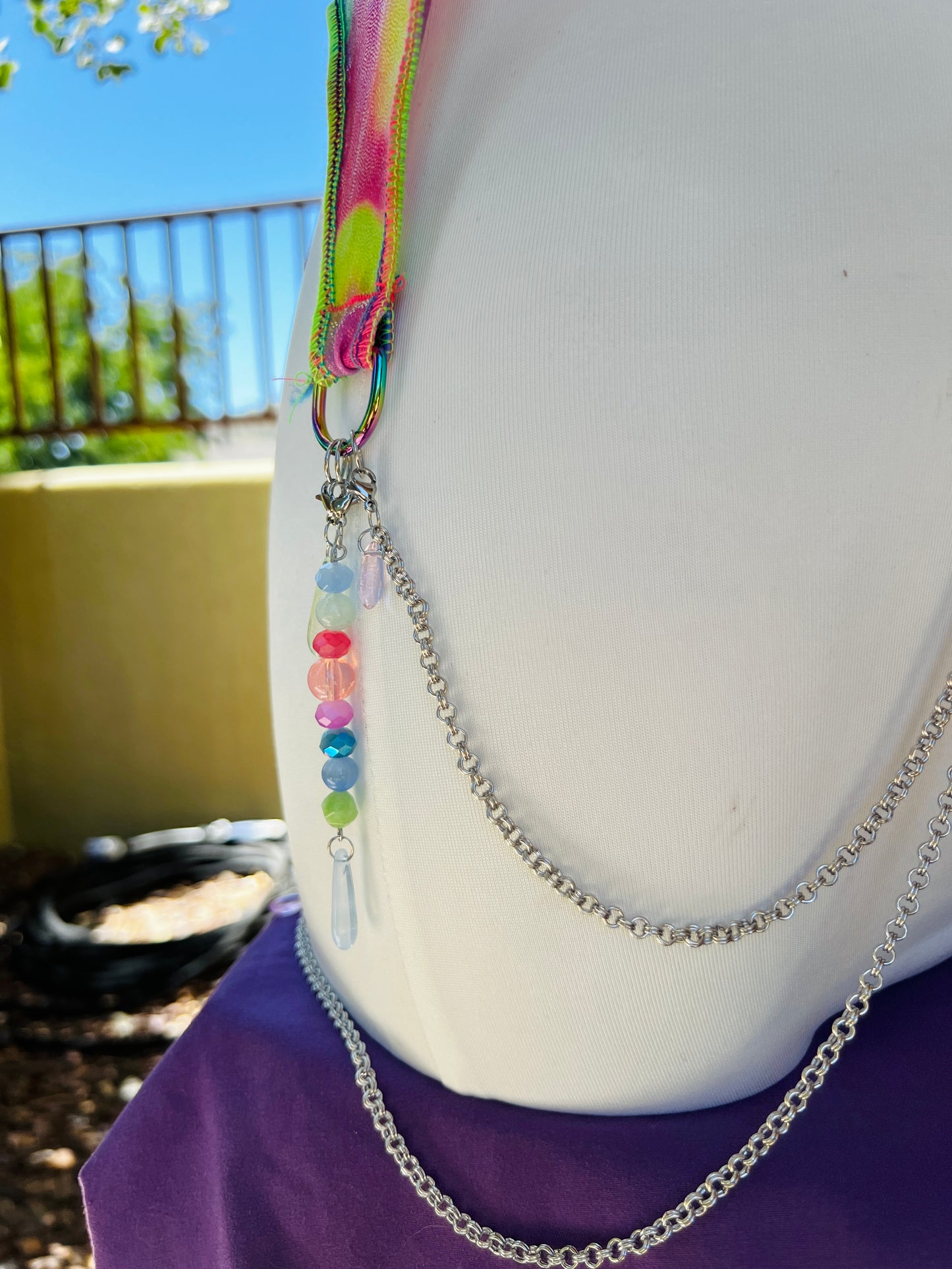 Cosmic Slap Beaded Halter Top - Mr.Wacko Collaboration - size Medium spandex Halter Top + earrings + removable chains & charms + cosmic drip chain