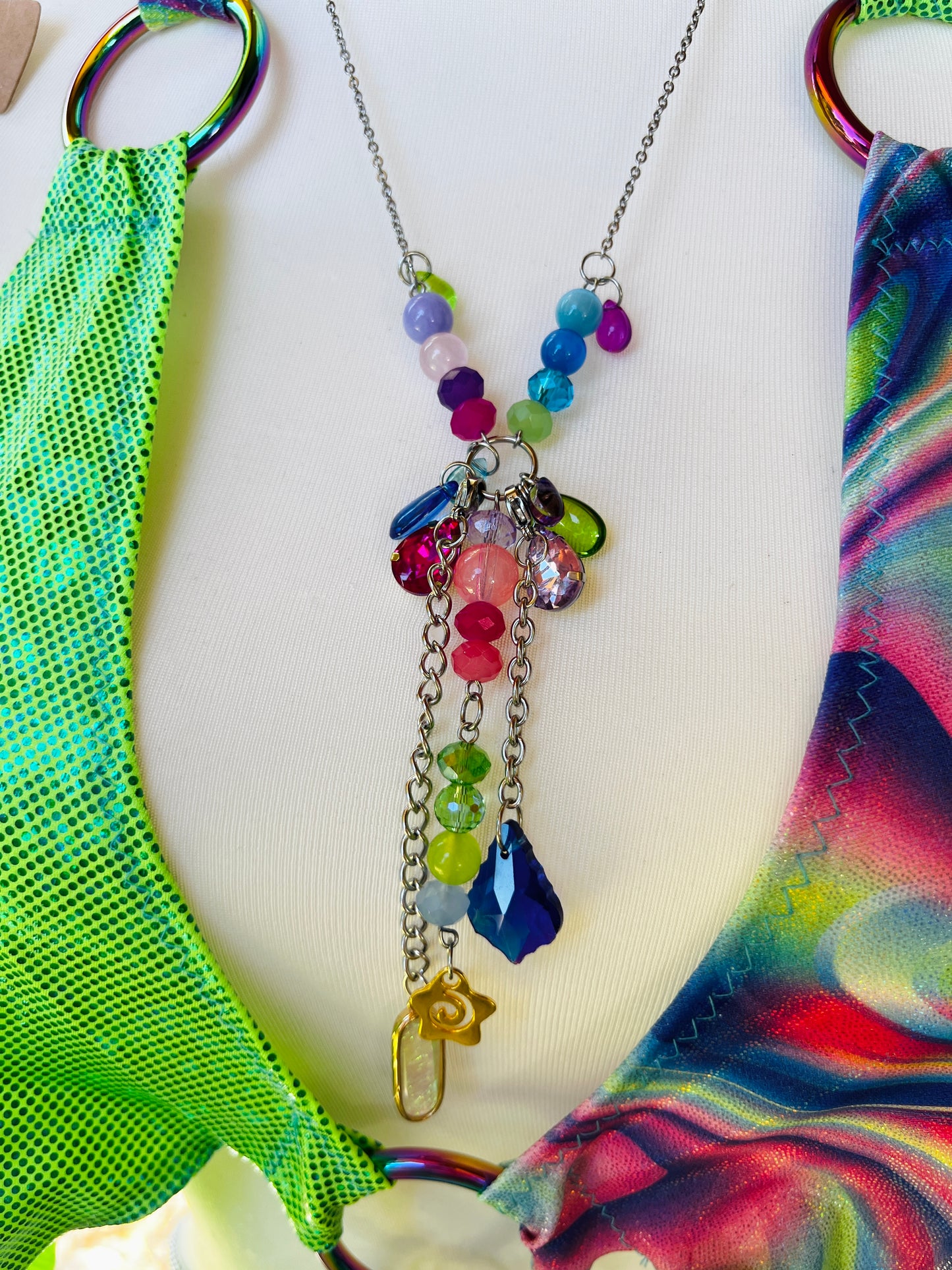 The Goddess Speaks Beaded Halter Top - Mr.Wacko Collaboration - size Large spandex O ring Halter Top + earrings + removable chains & charms + cosmic drip chain + crystal choker