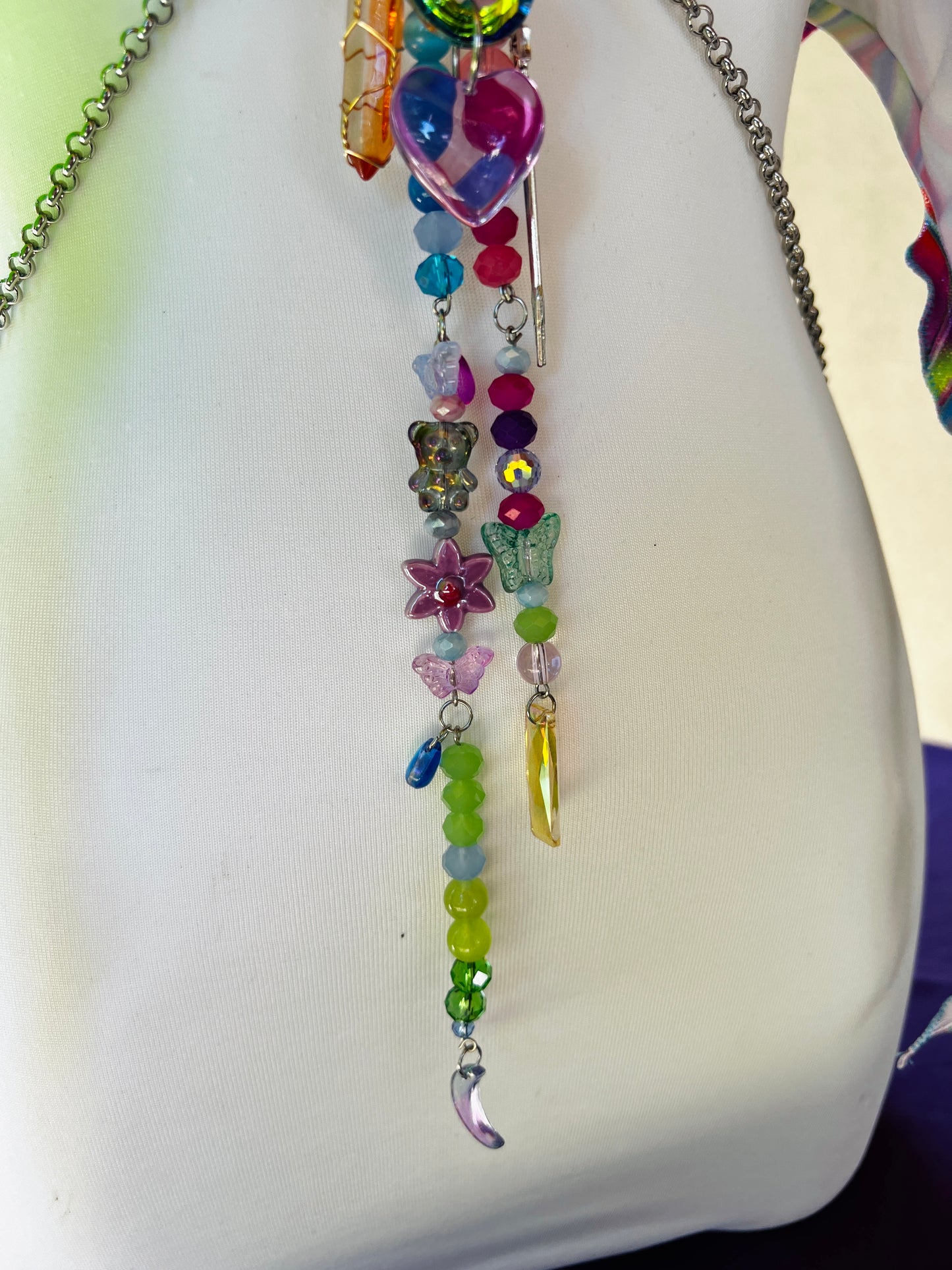 The Goddess Speaks Beaded Halter Top - Mr.Wacko Collaboration - size Large spandex O ring Halter Top + earrings + removable chains & charms + cosmic drip chain + crystal choker