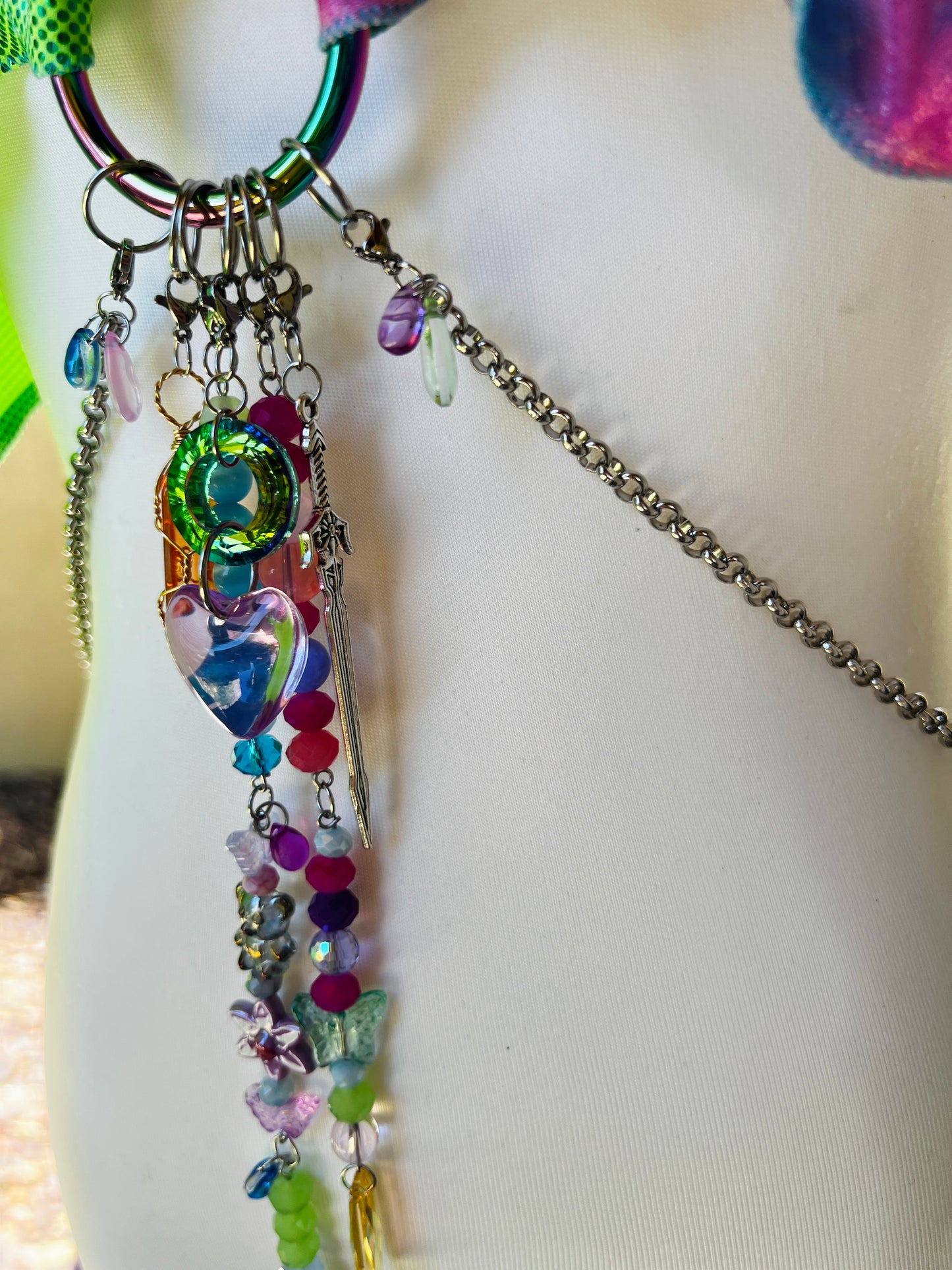 The Goddess Speaks Beaded Halter Top - Mr.Wacko Collaboration - size Large spandex O ring Halter Top + earrings + removable chains & charms + cosmic drip chain + crystal choker