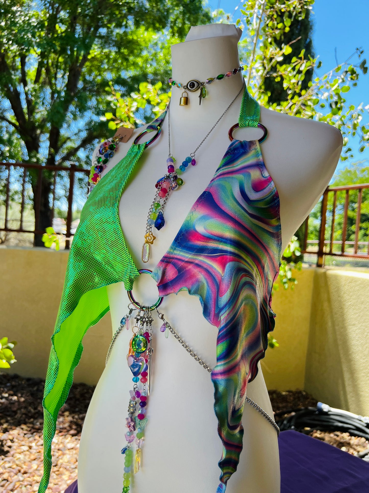 The Goddess Speaks Beaded Halter Top - Mr.Wacko Collaboration - size Large spandex O ring Halter Top + earrings + removable chains & charms + cosmic drip chain + crystal choker