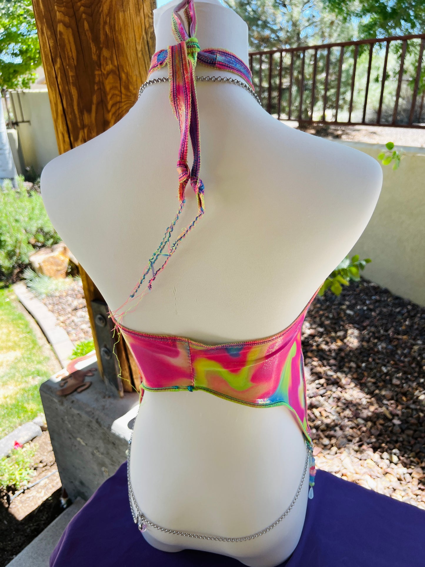 Cosmic Slap Beaded Halter Top - Mr.Wacko Collaboration - size Medium spandex Halter Top + earrings + removable chains & charms + cosmic drip chain