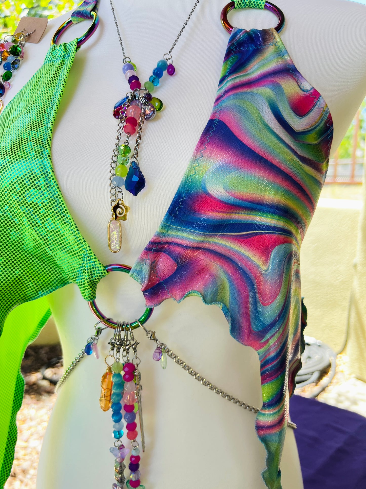 The Goddess Speaks Beaded Halter Top - Mr.Wacko Collaboration - size Large spandex O ring Halter Top + earrings + removable chains & charms + cosmic drip chain + crystal choker