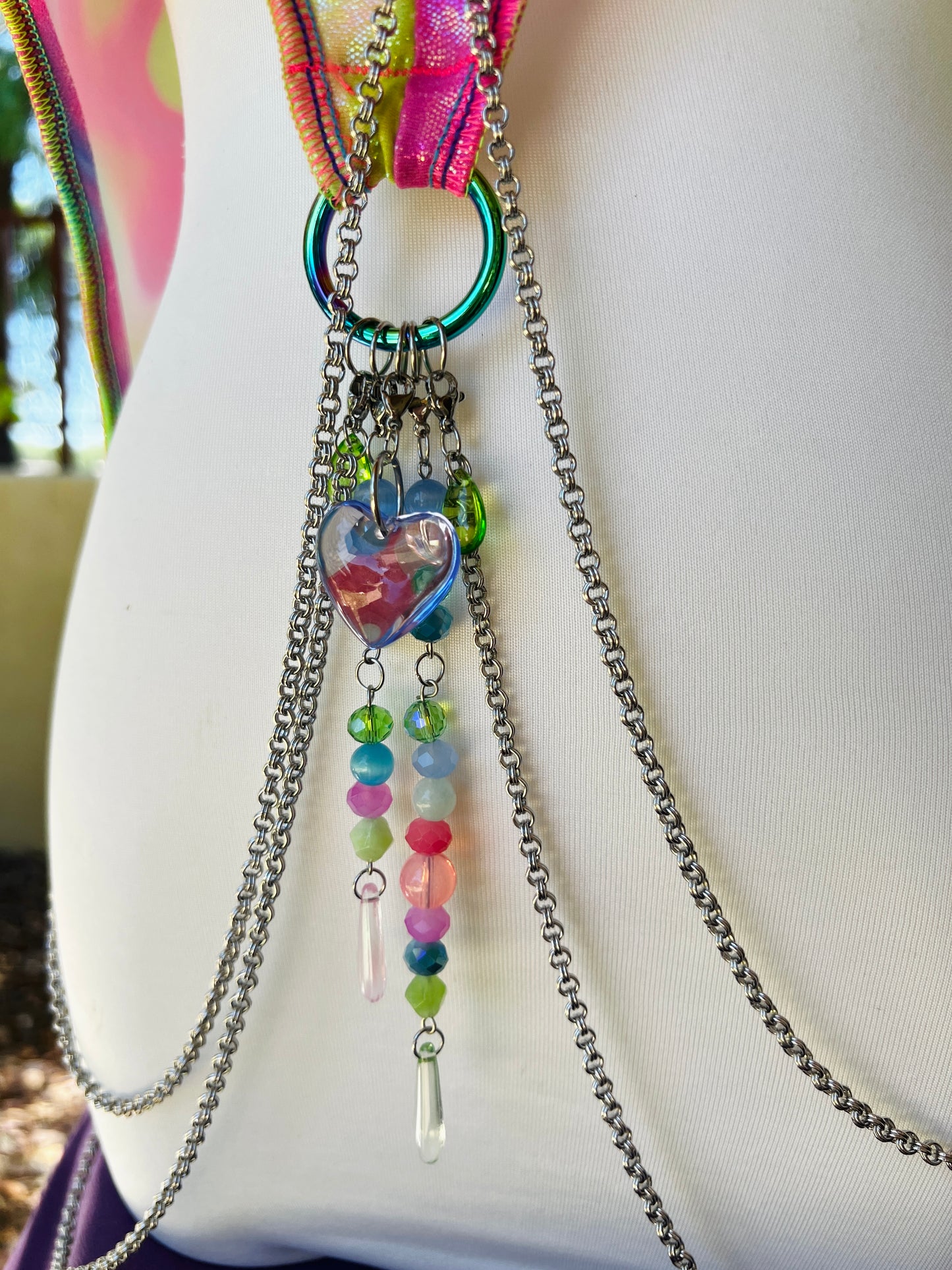 Cosmic Slap Beaded Halter Top - Mr.Wacko Collaboration - size Medium spandex Halter Top + earrings + removable chains & charms + cosmic drip chain