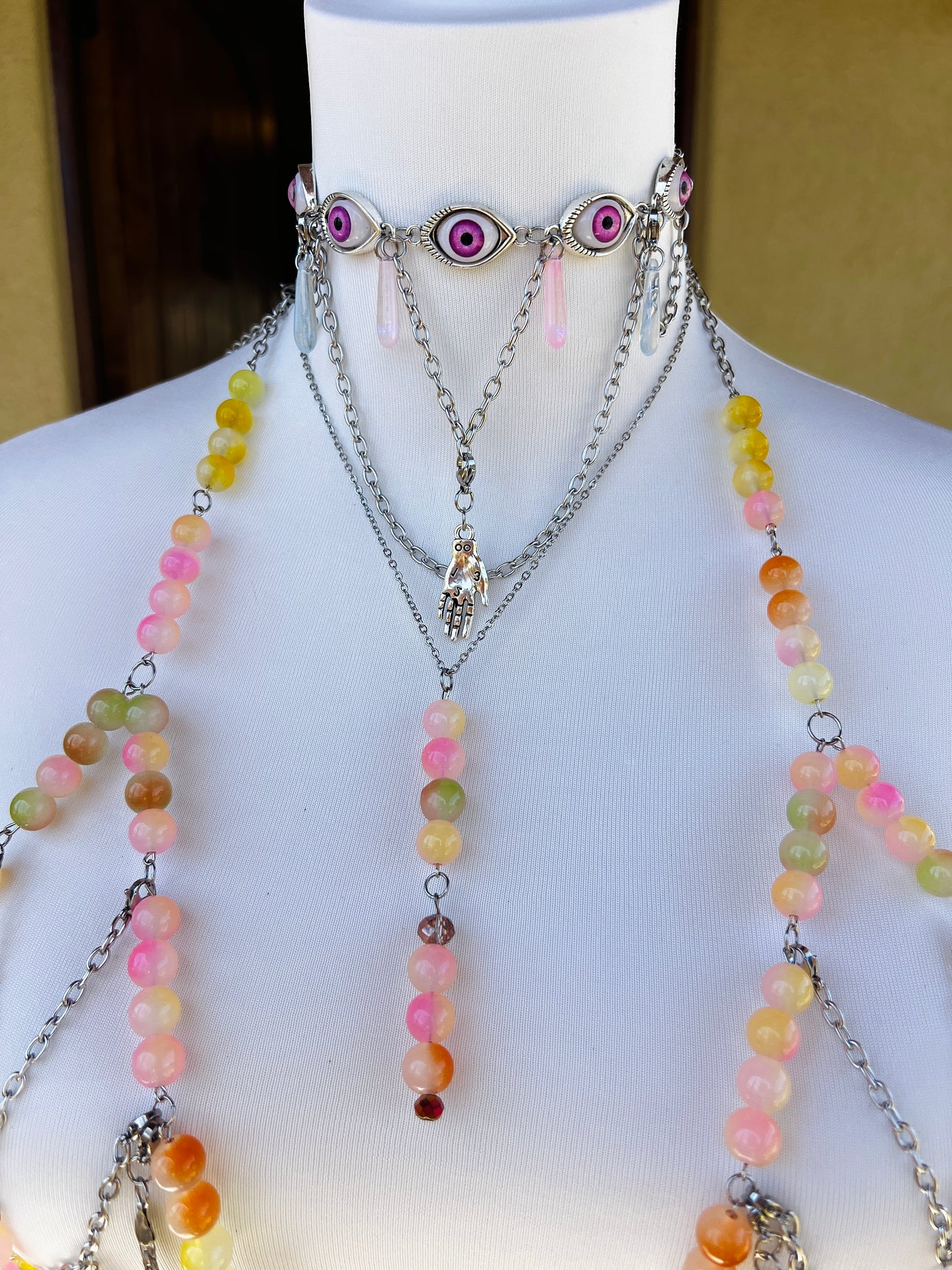 Sol on Fire - Glass Beaded Harness + Belt + Choker + Drip Chain - Full Body Regalia