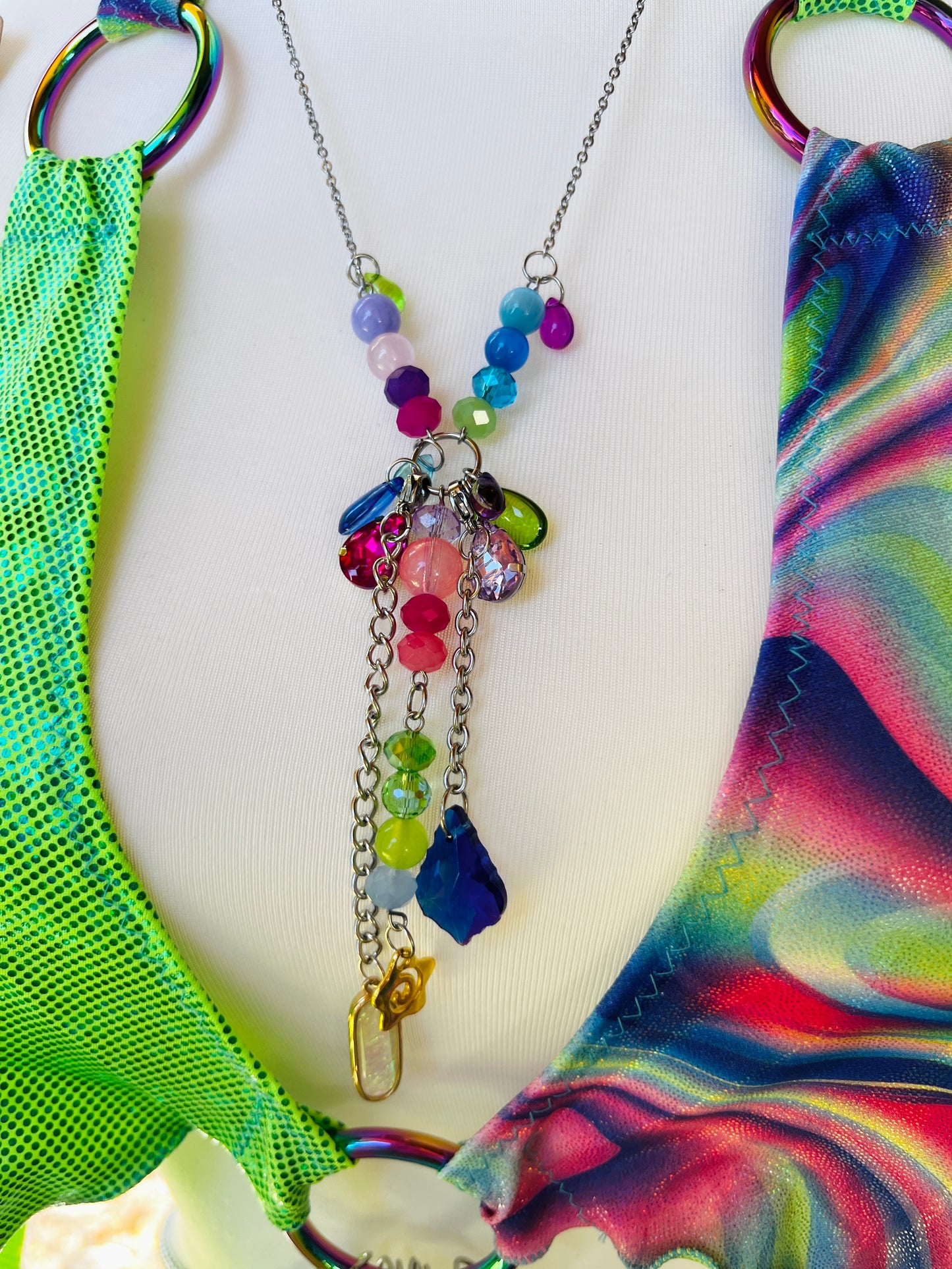 The Goddess Speaks Beaded Halter Top - Mr.Wacko Collaboration - size Large spandex O ring Halter Top + earrings + removable chains & charms + cosmic drip chain + crystal choker