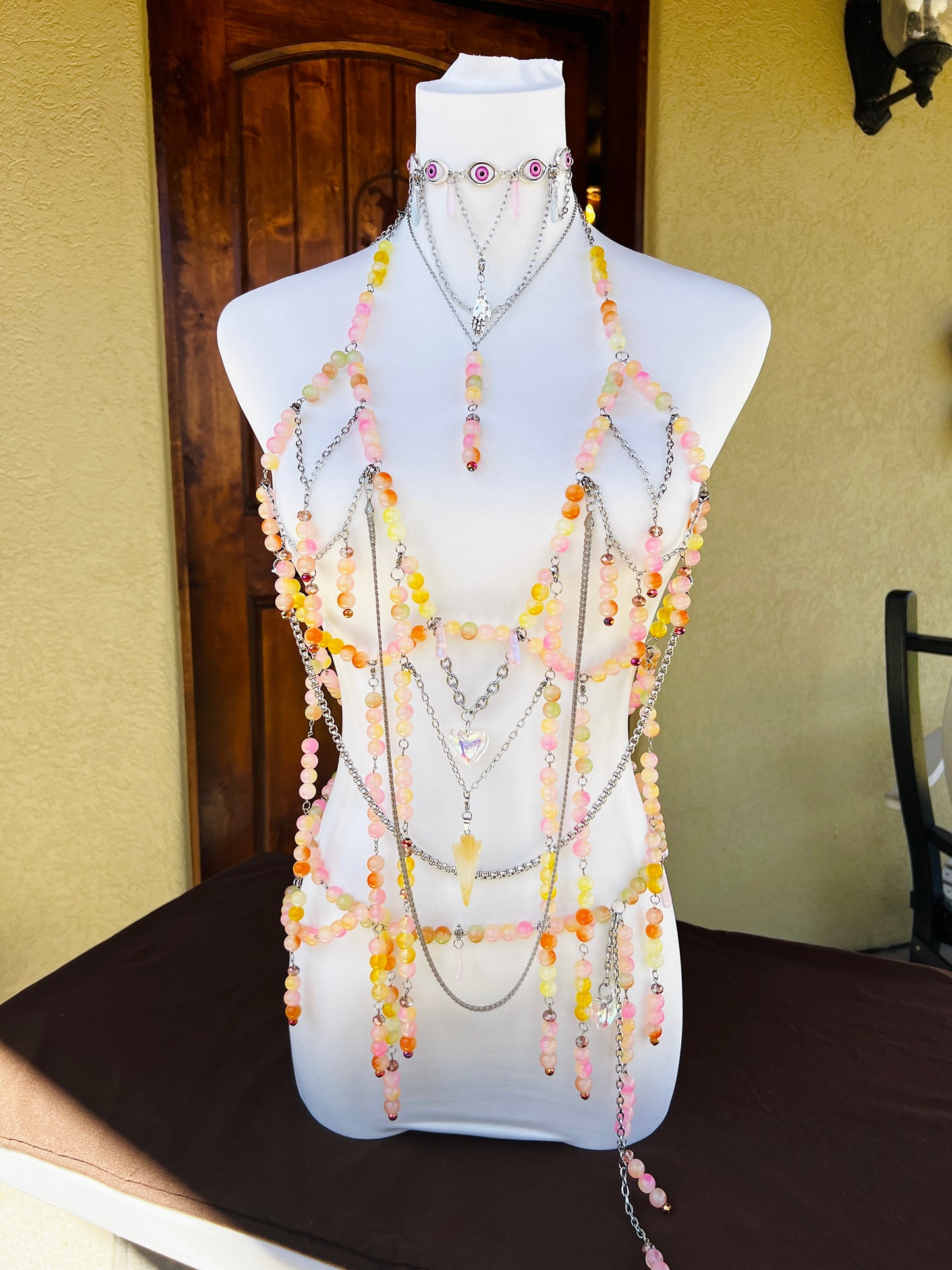 Sol on Fire - Glass Beaded Harness + Belt + Choker + Drip Chain - Full Body Regalia