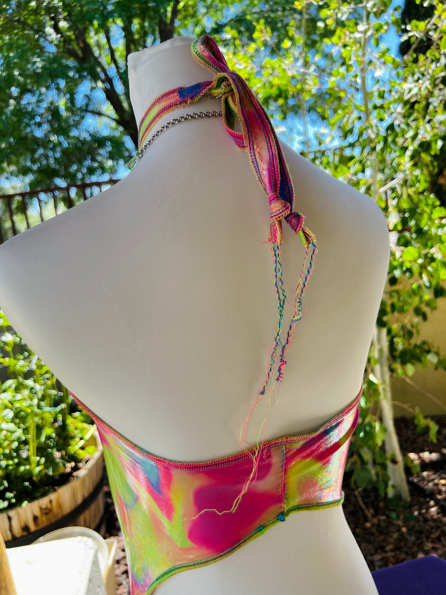 Cosmic Slap Beaded Halter Top - Mr.Wacko Collaboration - size Medium spandex Halter Top + earrings + removable chains & charms + cosmic drip chain