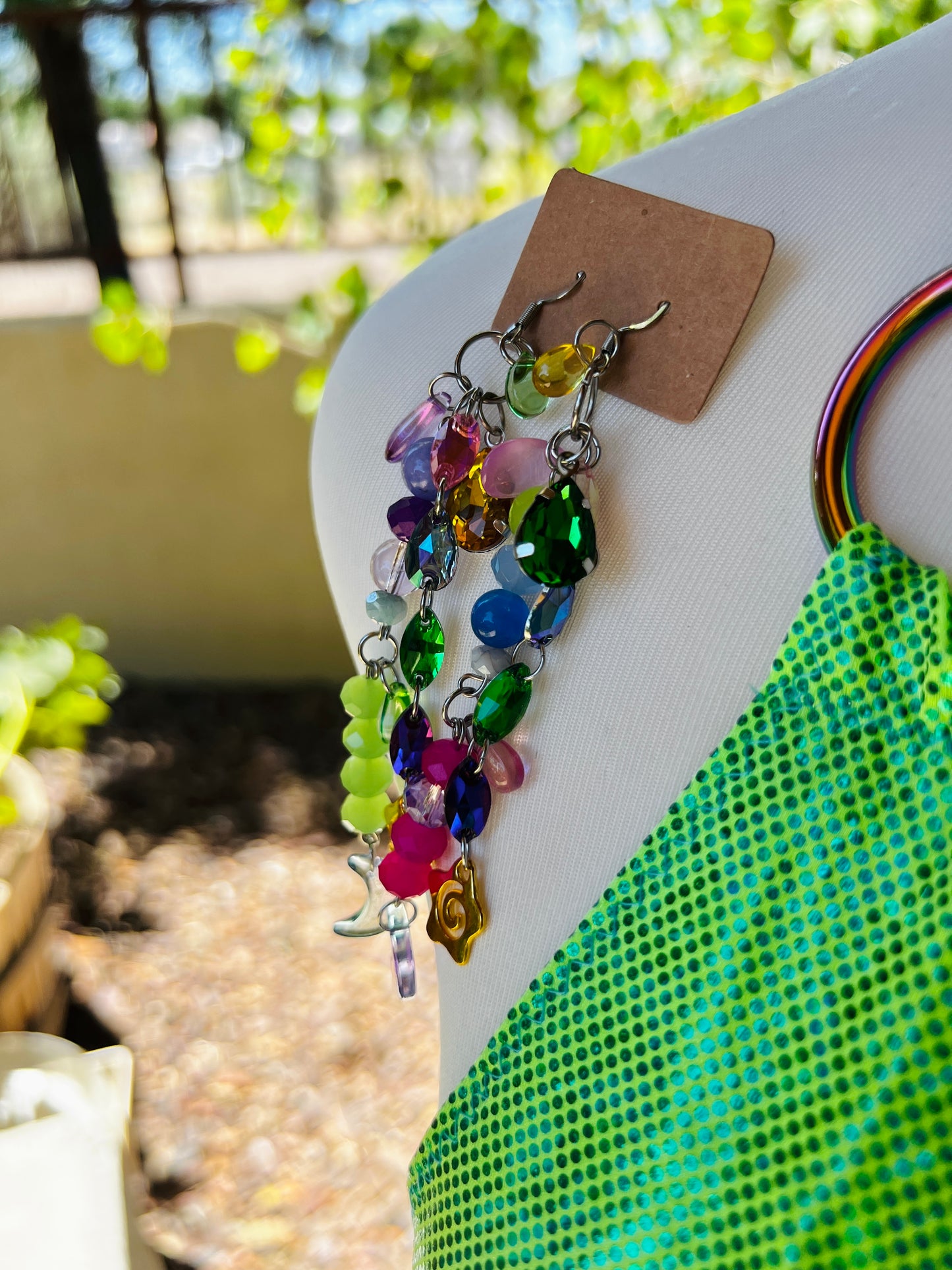 The Goddess Speaks Beaded Halter Top - Mr.Wacko Collaboration - size Large spandex O ring Halter Top + earrings + removable chains & charms + cosmic drip chain + crystal choker