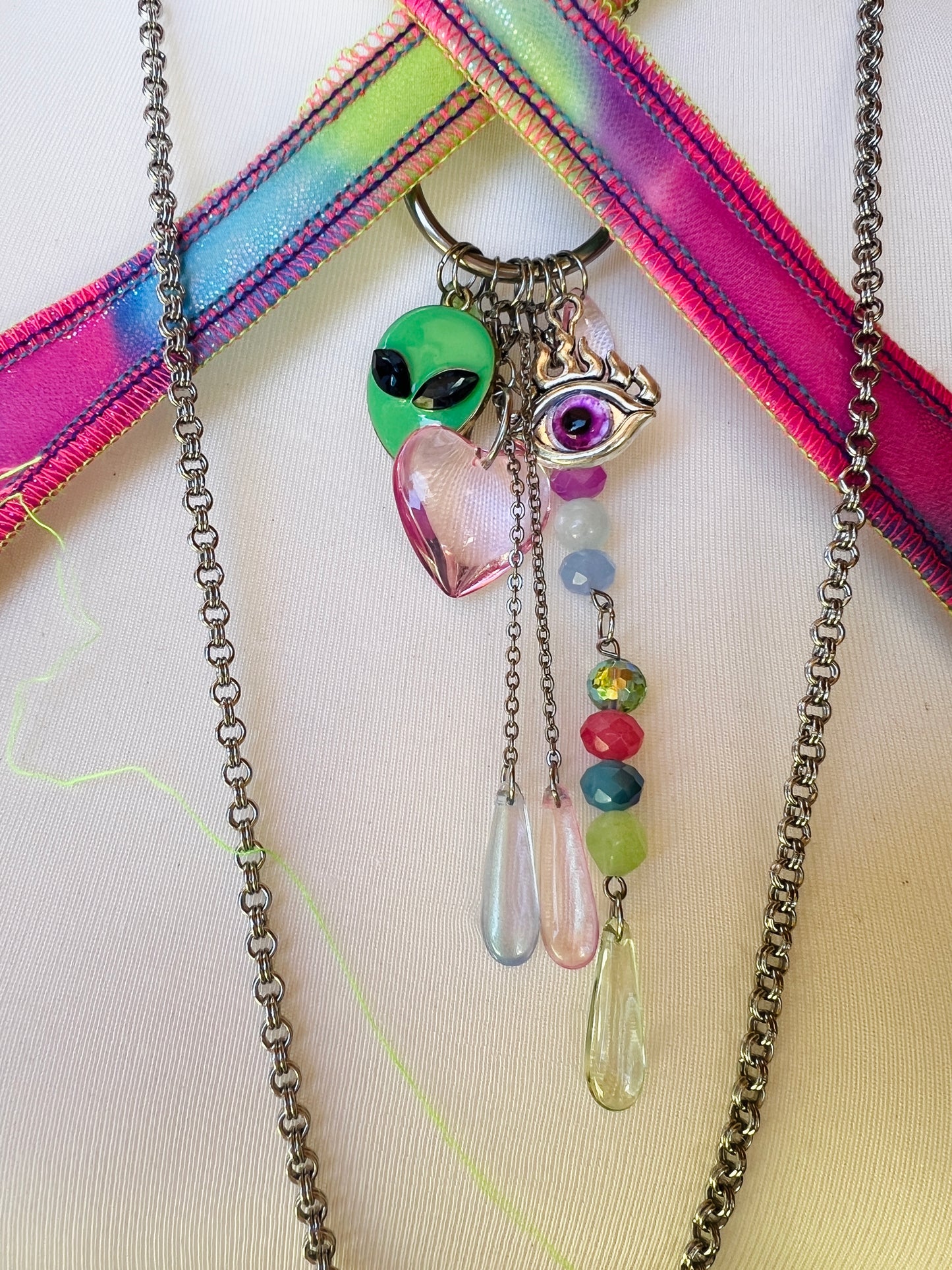 Cosmic Slap Beaded Halter Top - Mr.Wacko Collaboration - size Medium spandex Halter Top + earrings + removable chains & charms + cosmic drip chain
