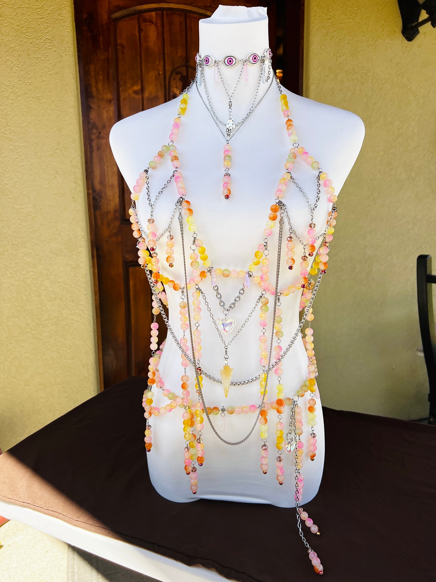 Sol on Fire - Glass Beaded Harness + Belt + Choker + Drip Chain - Full Body Regalia