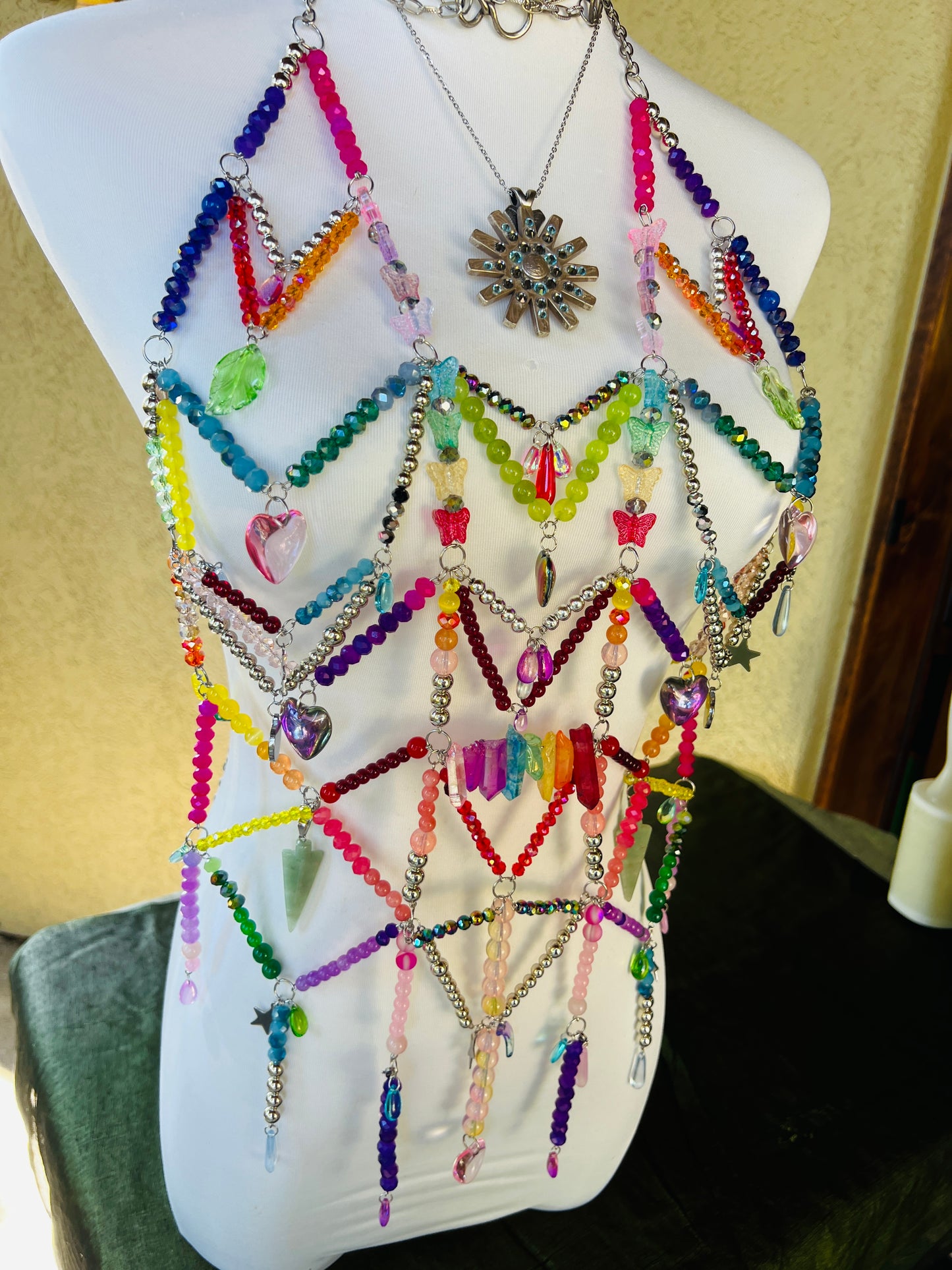 Prism Priestess Body Armor - Beaded Harness + Reclaimed Necklace Stack + Earrings