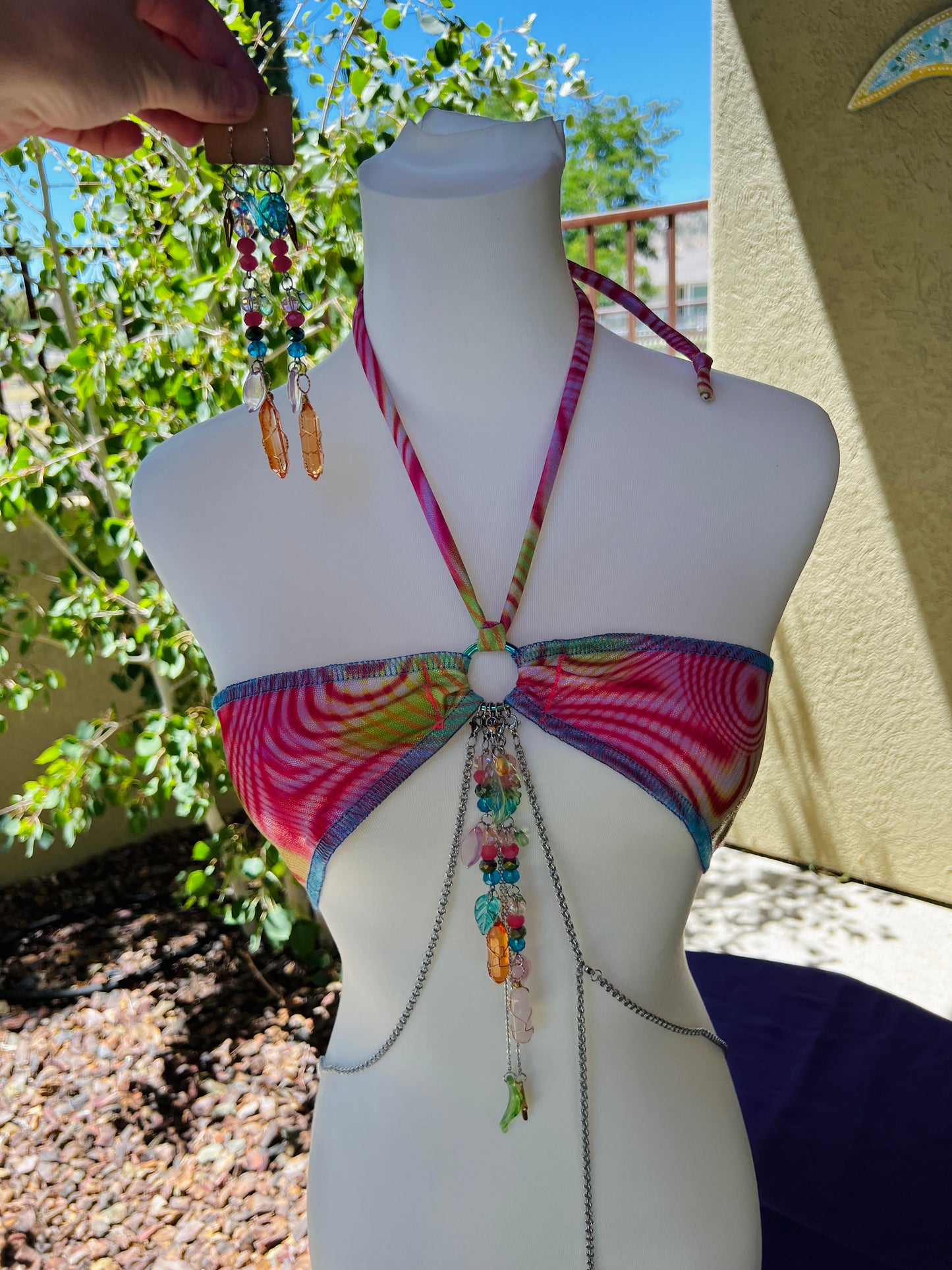 Neon Angel Beaded Bikini - Mr.Wacko Collaboration - size Small spandex stretch bikini + earrings + removable chains & charms