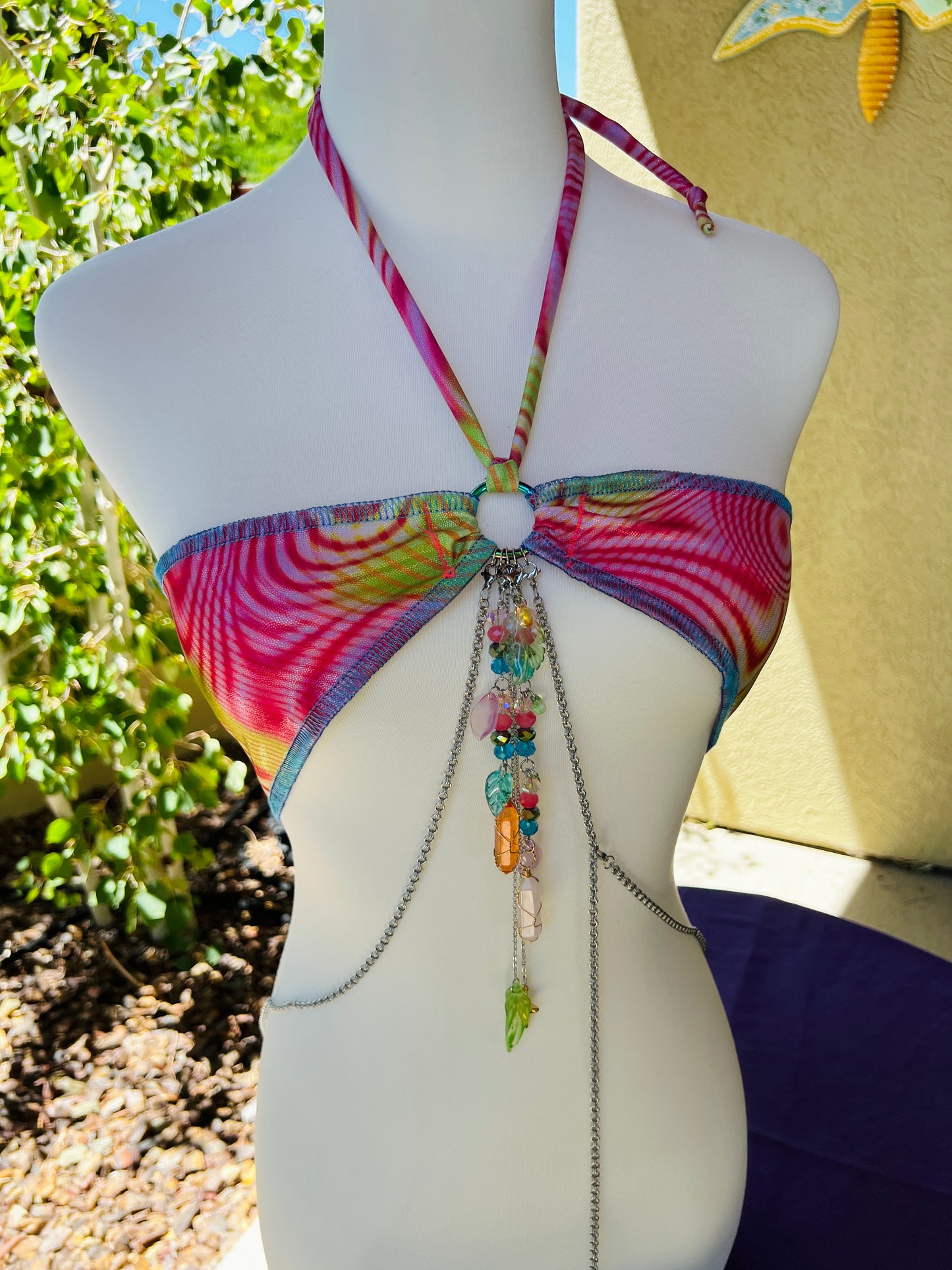Neon Angel Beaded Bikini - Mr.Wacko Collaboration - size Small spandex stretch bikini + earrings + removable chains & charms