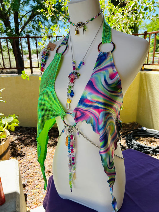 The Goddess Speaks Beaded Halter Top - Mr.Wacko Collaboration - size Large spandex O ring Halter Top + earrings + removable chains & charms + cosmic drip chain + crystal choker
