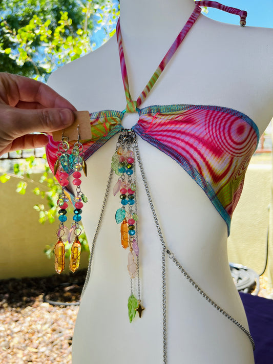 Neon Angel Beaded Bikini - Mr.Wacko Collaboration - size Small spandex stretch bikini + earrings + removable chains & charms