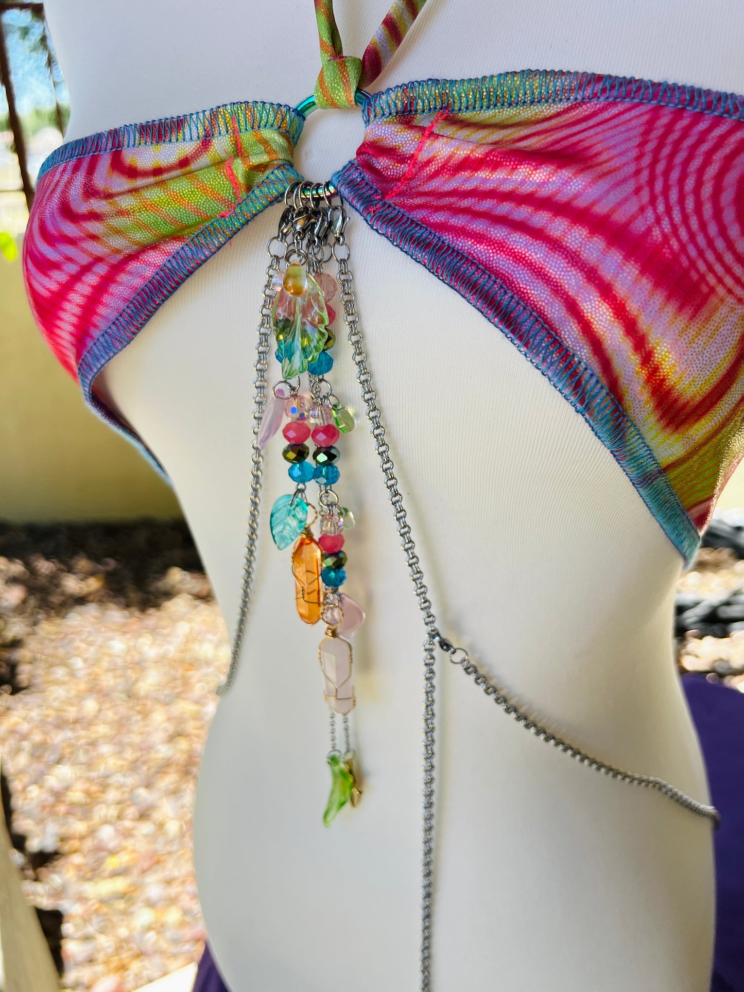 Neon Angel Beaded Bikini - Mr.Wacko Collaboration - size Small spandex stretch bikini + earrings + removable chains & charms