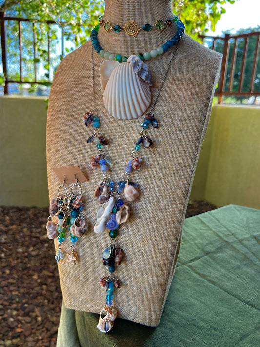 Warm Water Sea Witch - 4 Piece Set - Seashell Collar + Crystal Choker + Cosmic Drip Chain + Earrings