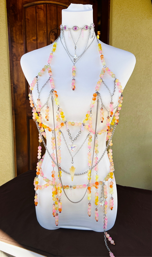 Sol on Fire - Glass Beaded Harness + Belt + Choker + Drip Chain - Full Body Regalia
