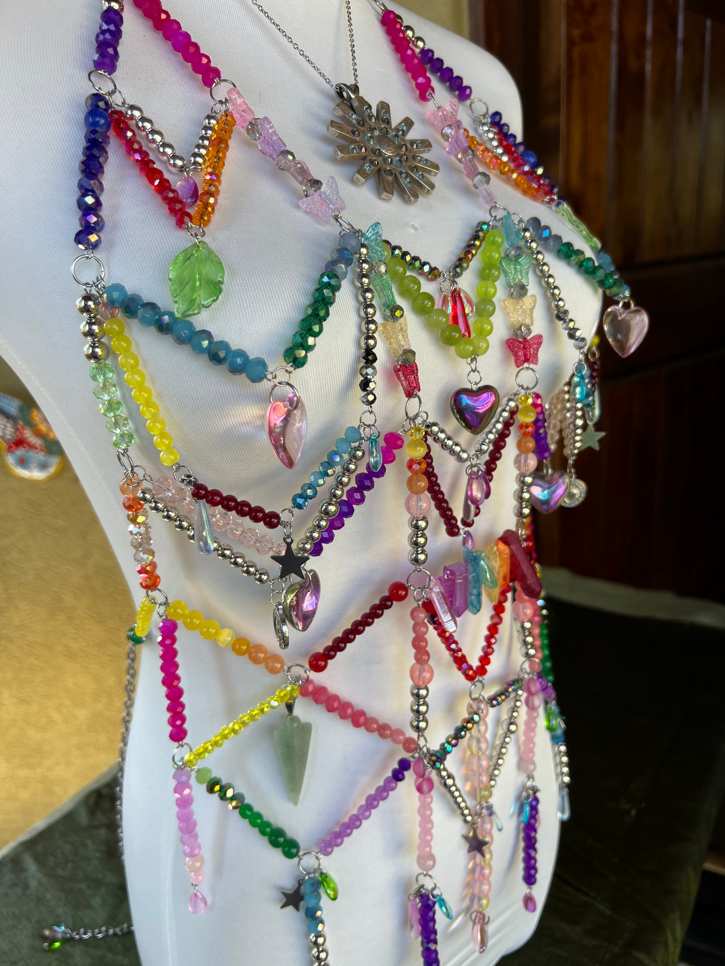 Prism Priestess Body Armor - Beaded Harness + Reclaimed Necklace Stack + Earrings