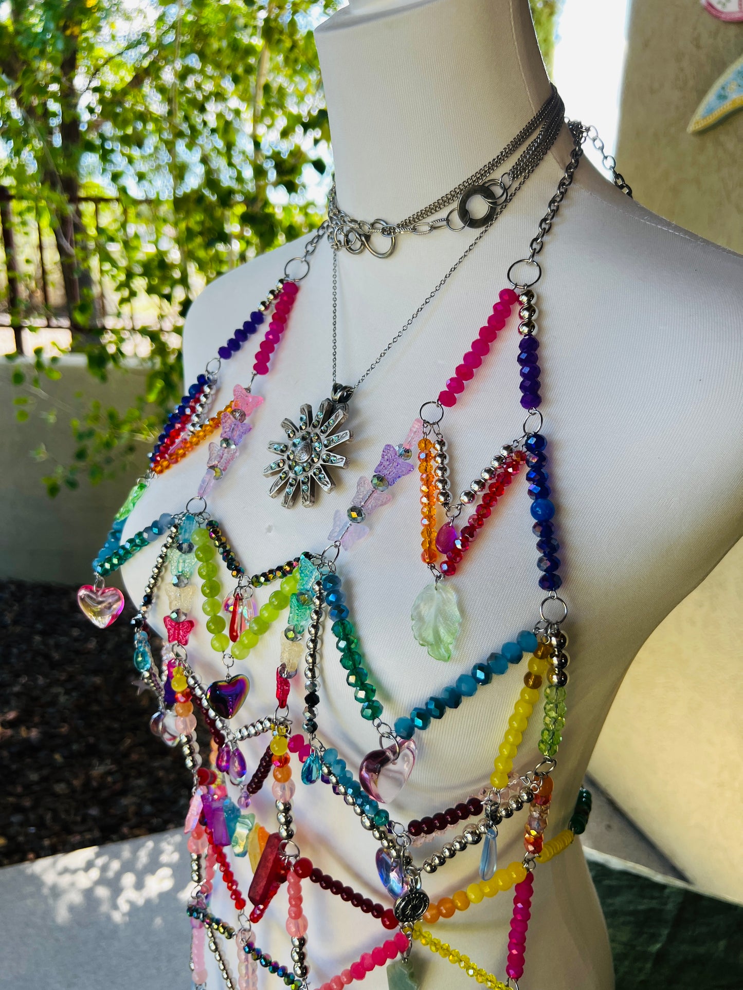 Prism Priestess Body Armor - Beaded Harness + Reclaimed Necklace Stack + Earrings