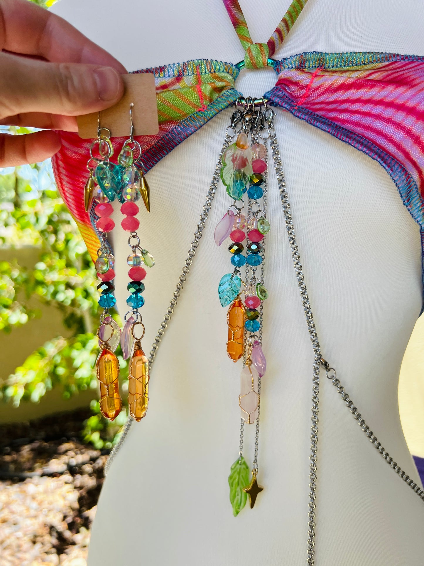 Neon Angel Beaded Bikini - Mr.Wacko Collaboration - size Small spandex stretch bikini + earrings + removable chains & charms