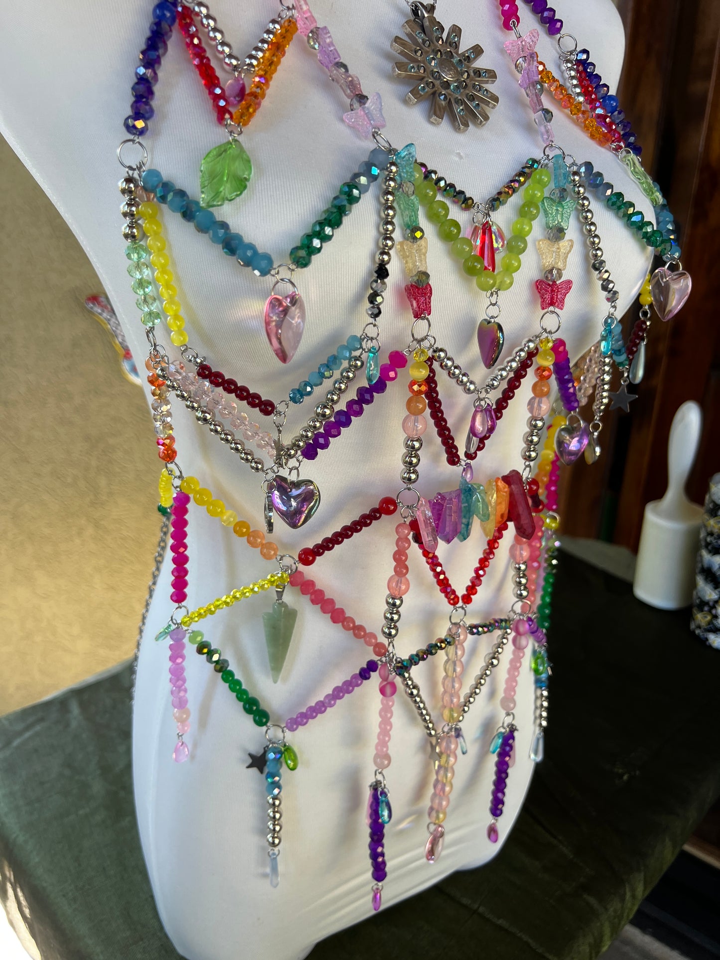 Prism Priestess Body Armor - Beaded Harness + Reclaimed Necklace Stack + Earrings